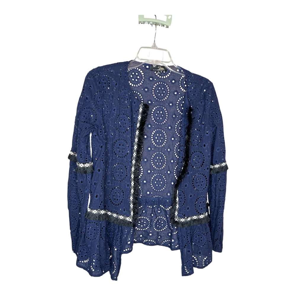 Suzanne Betro Women’s Dark Navy Eyelet Fringe Accents Open Front Cardigan SZ M - Picture 3 of 9